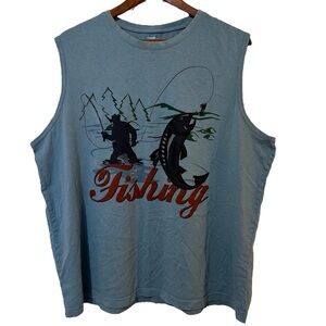 Graphic Fishing Sleeveless Boxy Fit Tank Top Blue Cotton Lake Outdoors Fish XL